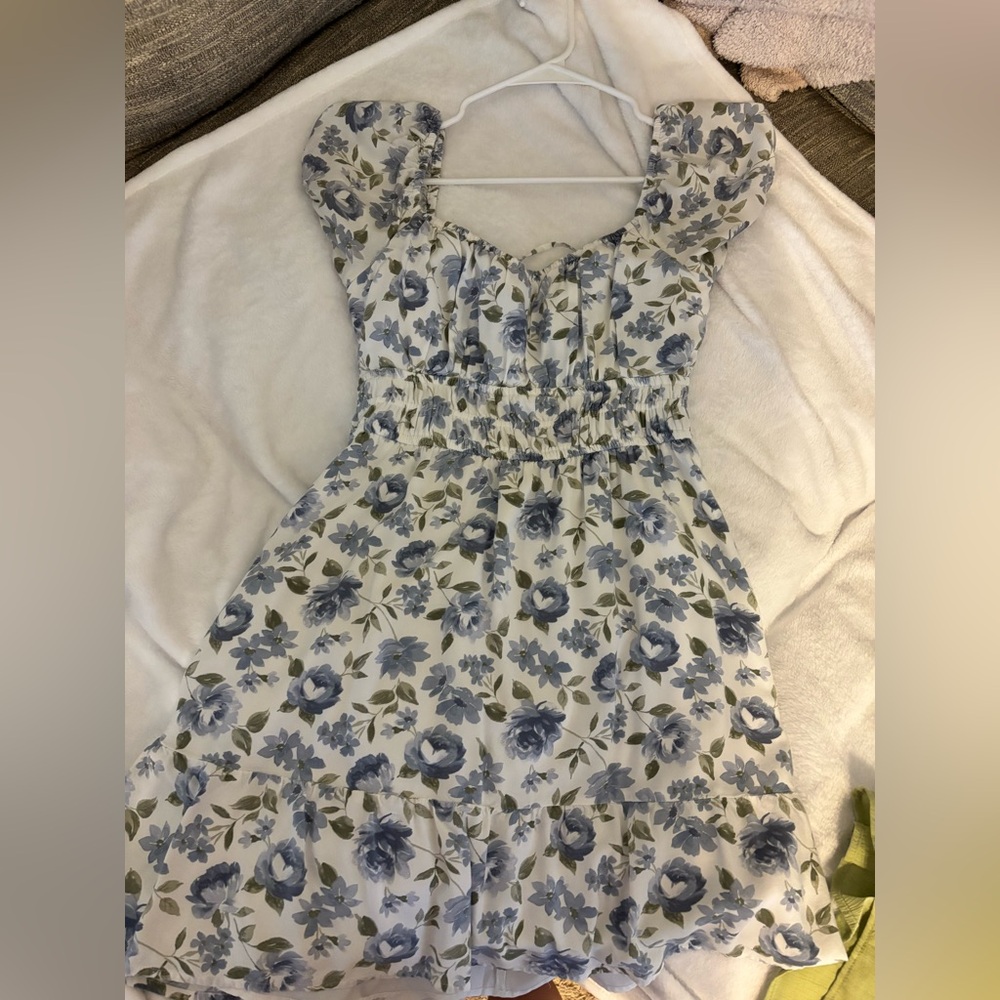 Hollister White mini, backless Dress with Blue and Green Accents
